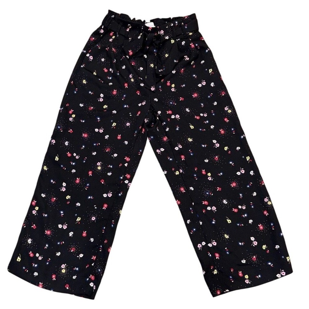 Popsugar Wide Leg Pants Womens Size S Black Floral Paperbag Waist Tie Belt